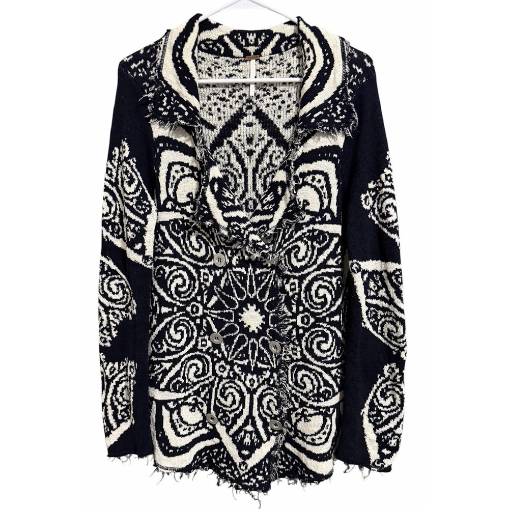 Free People Mandella Intarsia Cardigan Knit Jacket Black/White Women's Size Lg